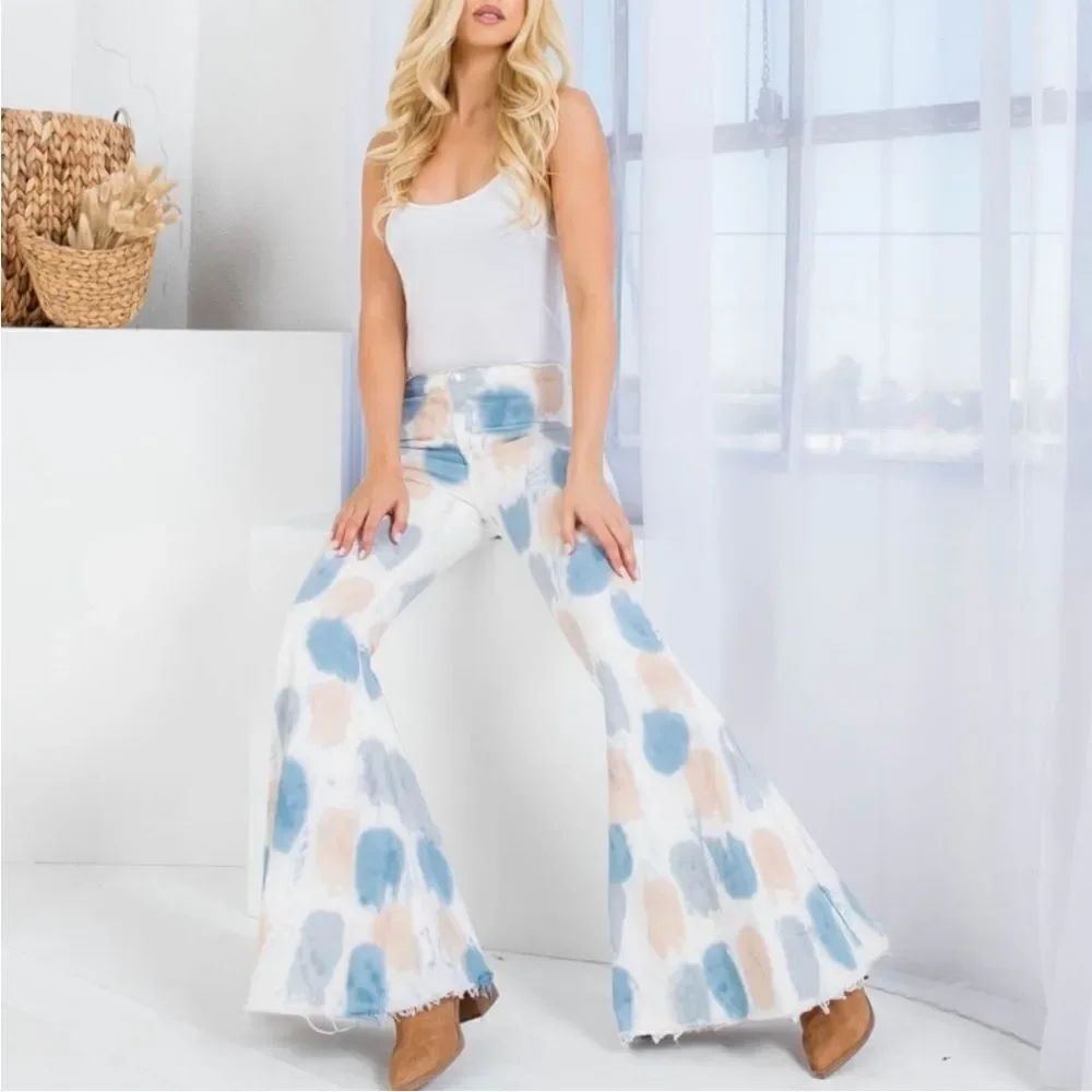 Peach Love Tie Dye Blue Tan Boho Bell Bottom 70’s Inspired Style Jeans Feminine